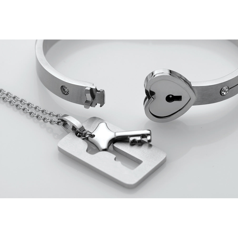 Cuffed Locking Bracelet and Key Necklace - Tungsten Steel