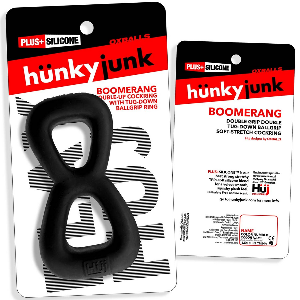 BOOMERANG double-ring cockring & nut-tugger BLACK FOG