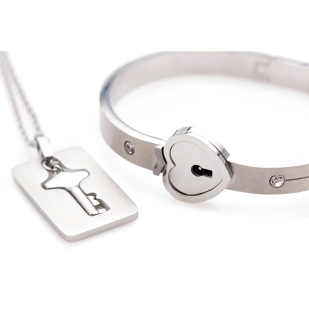 Cuffed Locking Bracelet and Key Necklace - Tungsten Steel