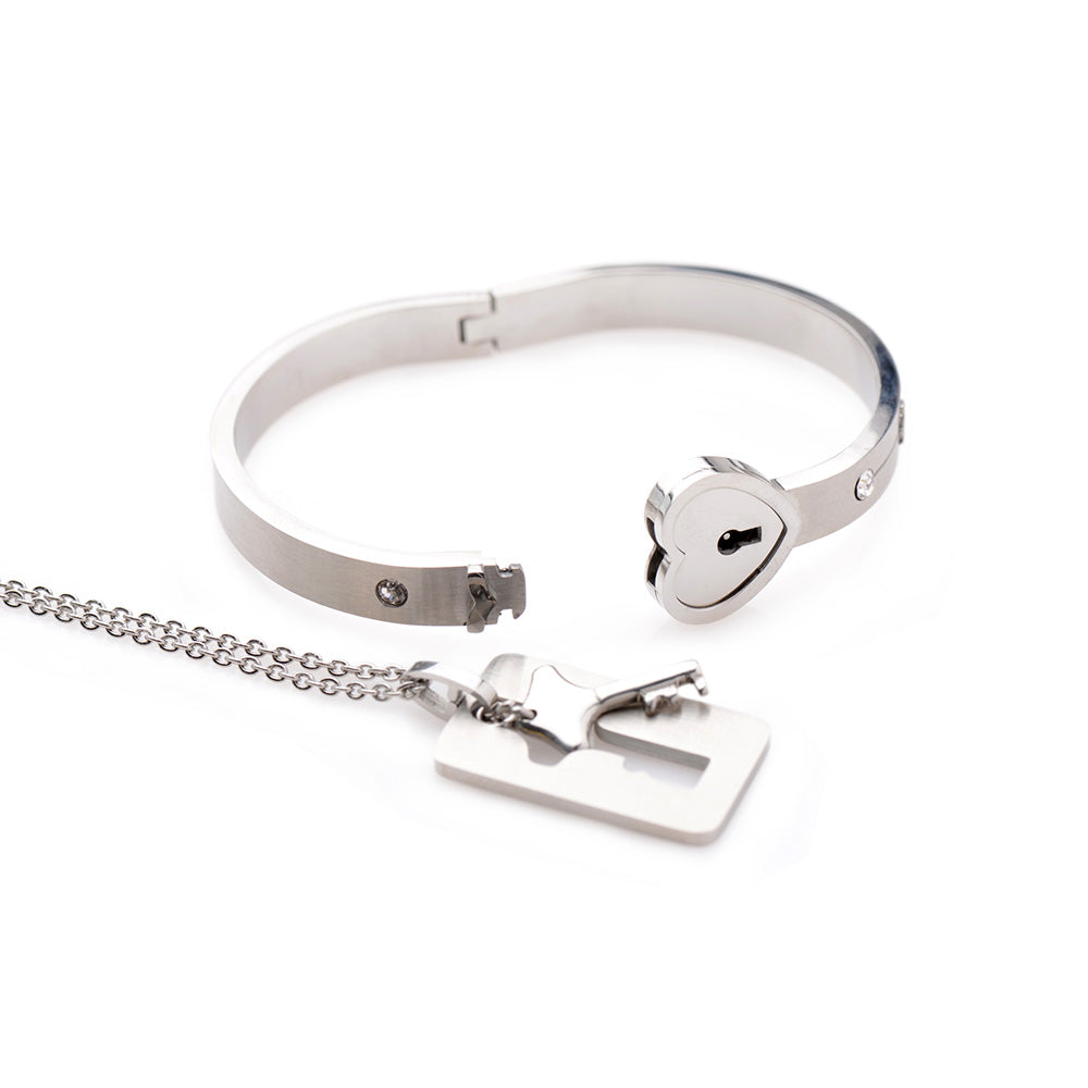 Cuffed Locking Bracelet and Key Necklace - Tungsten Steel