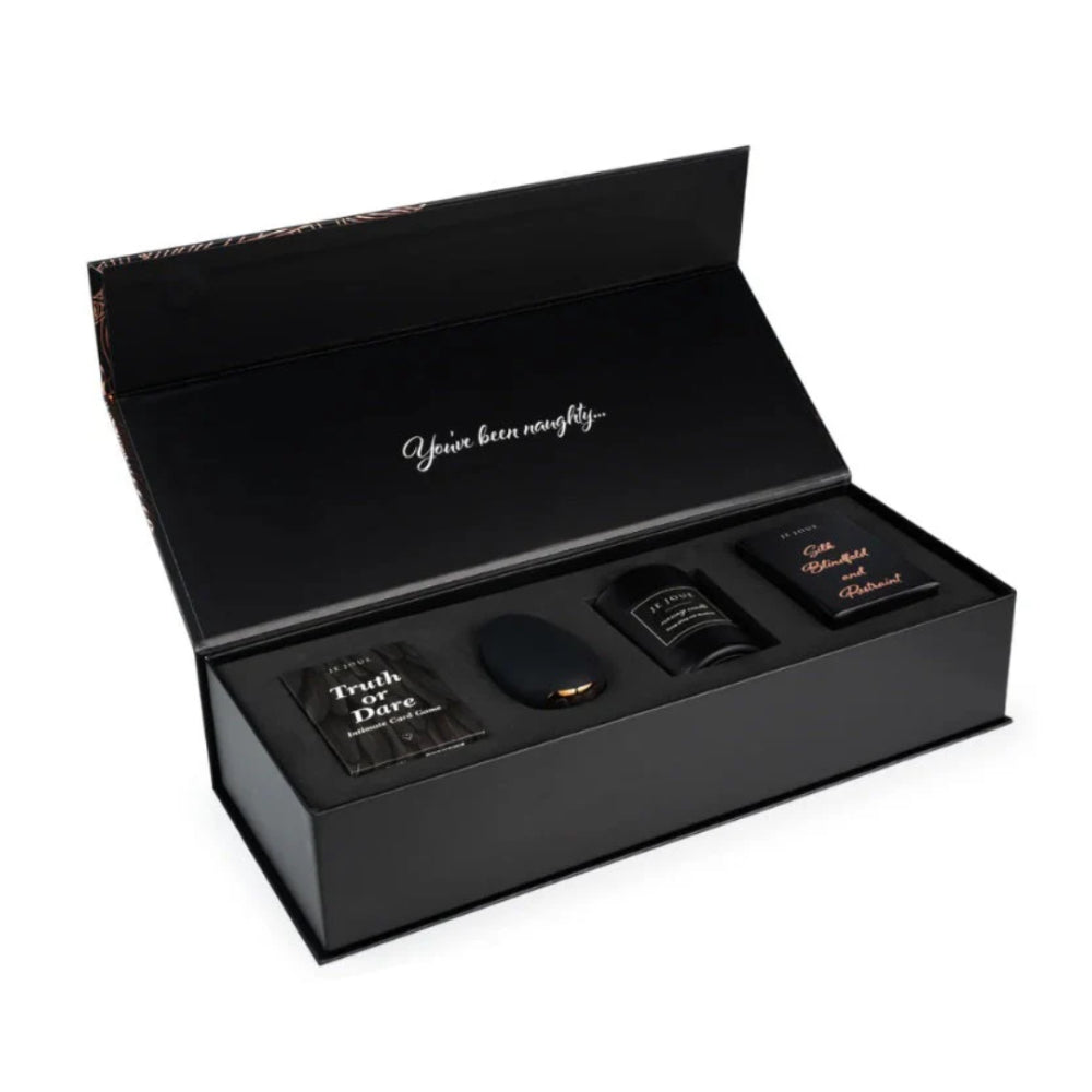 Je Joue Naughty Gift Set: Black Truth Or Dare Cards, Mimi, Massage Candle, Silk Blindfold & Restraint