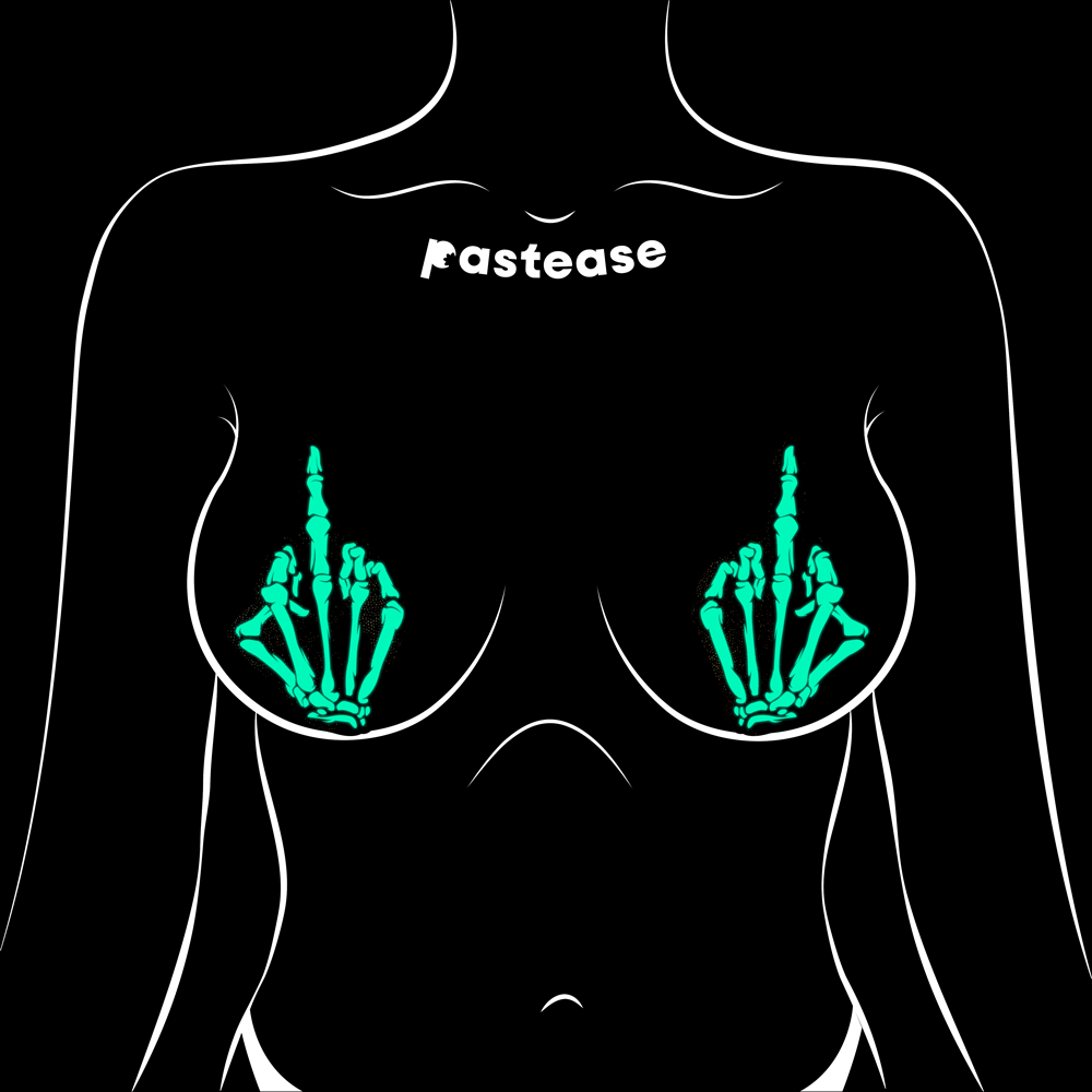 Middle Finger Skeleton Hand Pasties Glow in the Dark White & Black Boney Hand