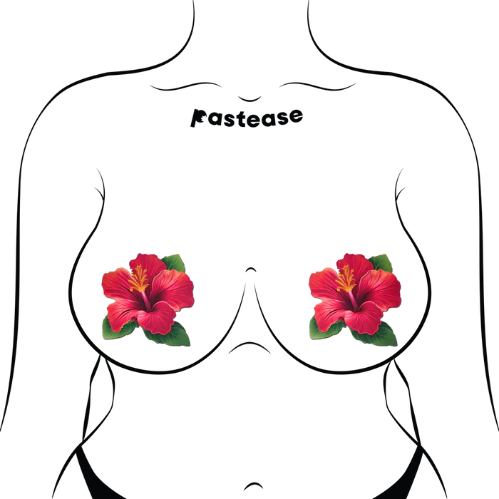 Tropical Vibrant Red Hawaiian Hibiscus Botanical Flower Breast Pasties