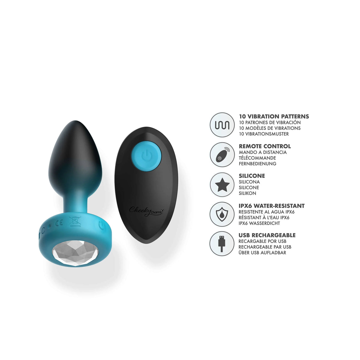 TEAL Ombre - SMALL Cheeky Charms Eluxe Vibrating  Plug With Remote - Clear Gem