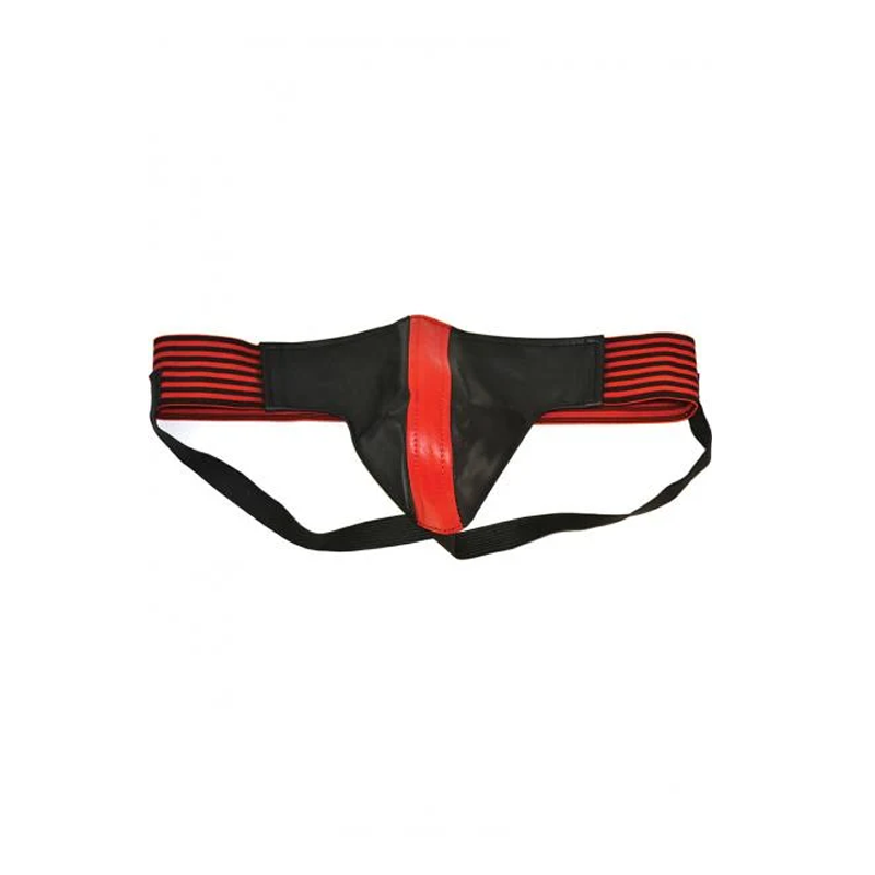 Leather Jock Strap With Stripe Black & Red Medium
