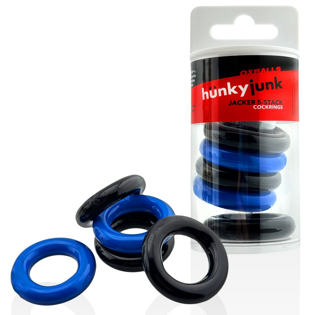 JACKER 5-STACK five-pack tube super-strong  cockrings BLUE/BLACK